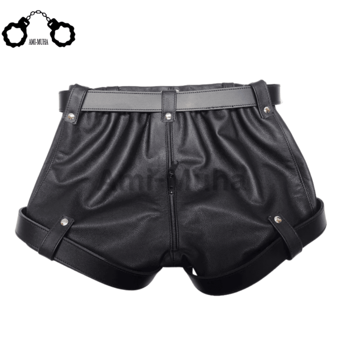 Men's Leather Maximum Security Chastity Shorts Rear Zip