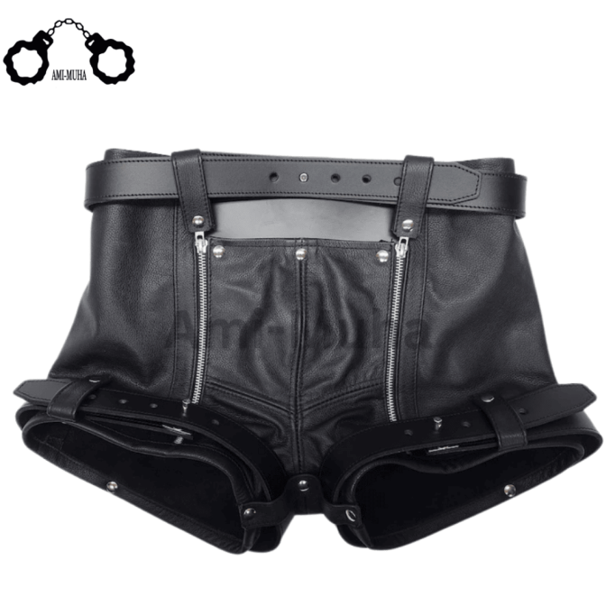 Men's Leather Maximum Security Chastity Shorts Rear Zip