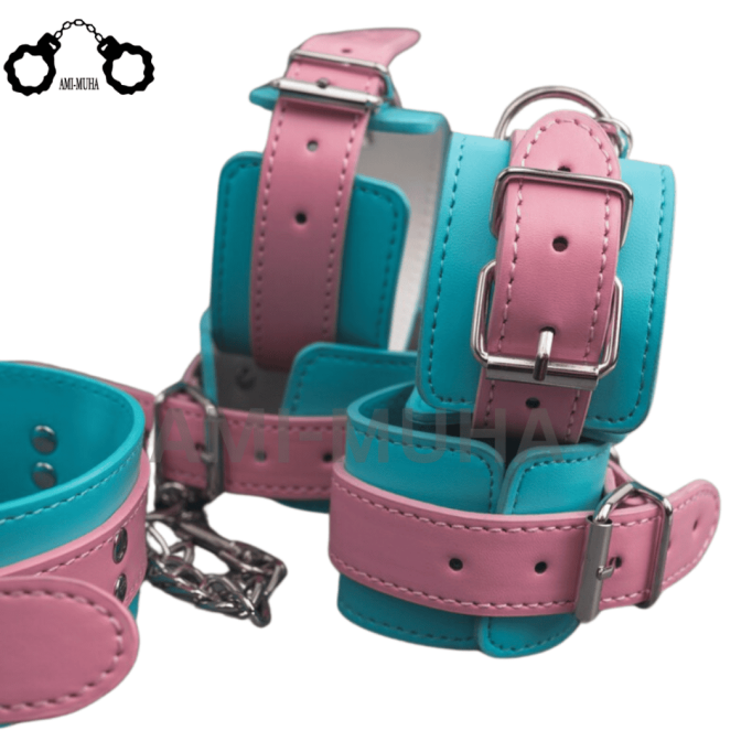 Premium Leather Unique Pink Blue BDSM restraint set