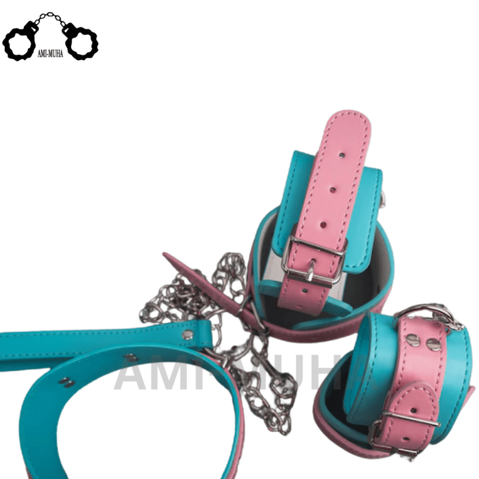 Premium Leather Unique Pink Blue BDSM restraint set