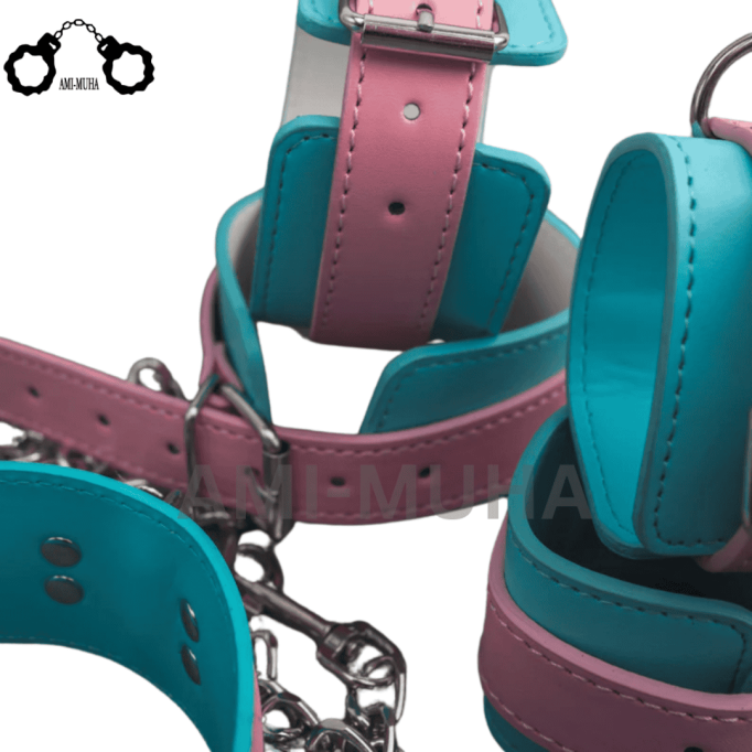 Premium Leather Unique Pink Blue BDSM restraint set