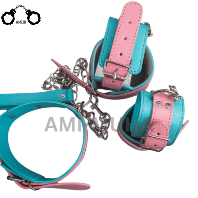 Premium Leather Unique Pink Blue BDSM restraint set