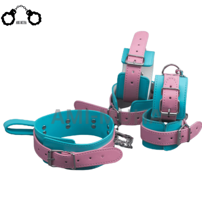 Premium Leather Unique Pink Blue BDSM restraint set