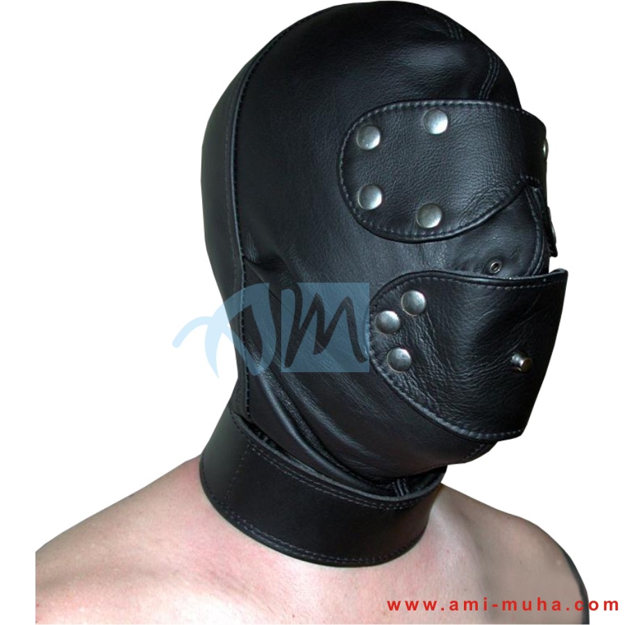 BDSM Heavy Duty Black Leather Hood with Bondage Gag - Ami Muha