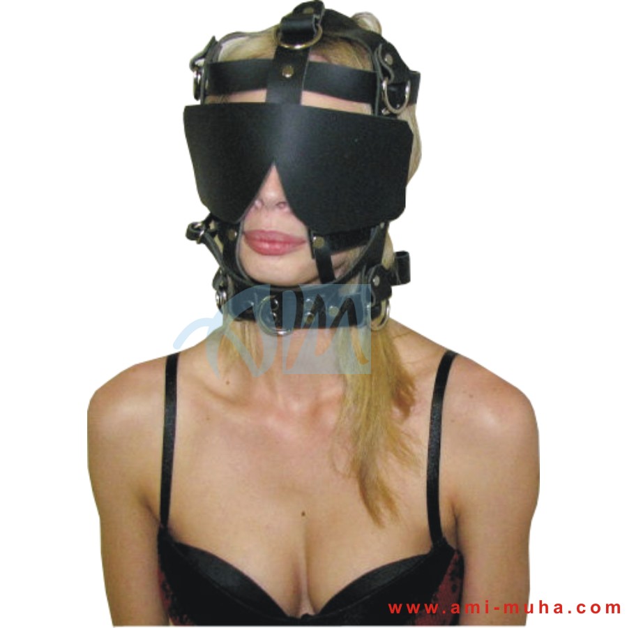 BDSM Leather Head Harness With Blindfold And Mouth Ring - Ami Muha